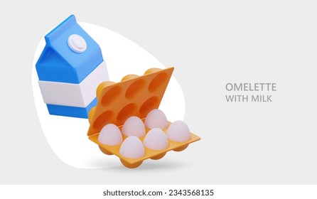 3d caja de cartón realista con leche y envase de huevos. Productos para tortilla con leche. Afiche web para tienda de comida. Ilustración vectorial con fondo gris y lugar para el texto