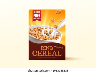 3d realistic carton box package design for ring cereals or cheerios. Product mock up isolated on light yellow background. svg