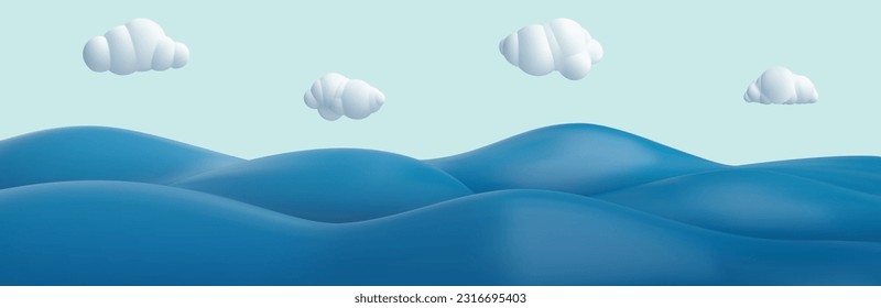 3d dibujos animados realistas olas de agua azul con nubes blancas en el fondo del día. Superficie marítima, oceánica o fluvial. Naturaleza mínima y composición bonita. Ilustración de arte vectorial.