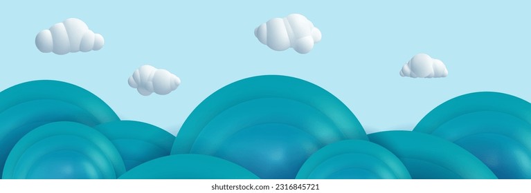 3d realistic cartoon blue water waves with white clouds on day background. Sea, ocean or river surface. Minimal nature cute composition. Vector art illustration.