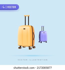 3D Realistic Cartoon Colored Suitcases on Wheels Vector Illustration. Travel suitcases, business cases, travel luggage. Yellow and Purple plastic suitcase on blue background.Vacation vector concept