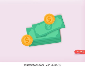 3d realistic cartoon gold coins and dollar banknote bundle.  3D Web Vector Illustrations.