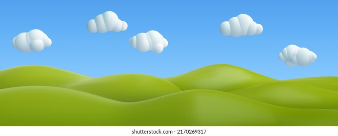 3d realistic cartoon green hills with white clouds on blue sky background. Summer landscape environment. Minimal nature cute composition. Vector illustration.