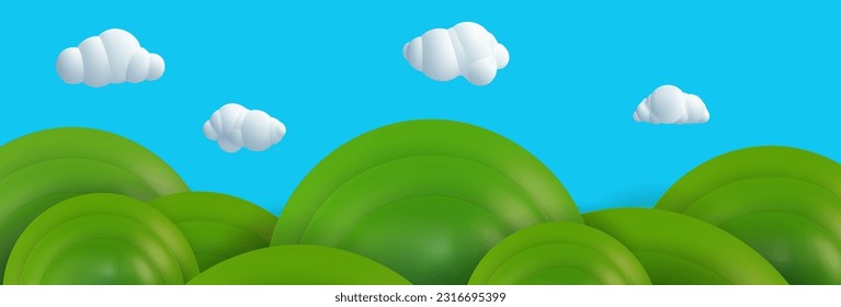 3d realistic cartoon green hills with white clouds on blue sky background. Summer landscape environment. Minimal nature cute composition. Vector illustration.