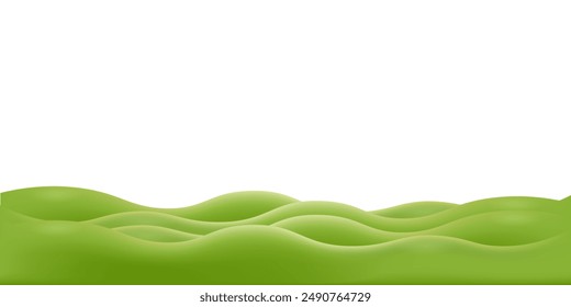 3d realistic cartoon green hills isolated on transparent background. Summer wide landscape design element with green grass. Minimal nature green composition with green fileds. Vector illustration.