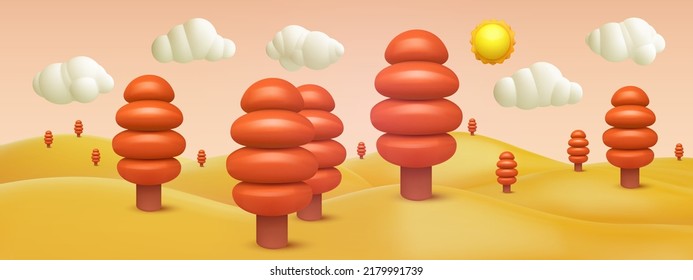 3d realistic cartoon panorama autunumn landscape background and orange hills  trees  mountains  clouds  sun  say sky  Cute children nature environment composition  Vector illustration 