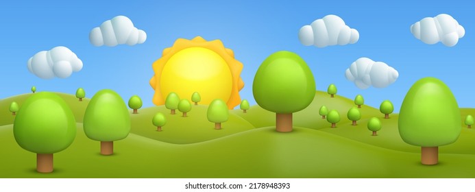 3d realistic cartoon panorama summer landscape background with green hills, trees, mountains, clouds, sun, on blue sky. Cute children nature environment composition. Vector illustration.