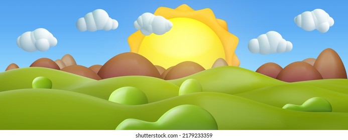 3d realistic cartoon panorama summer landscape background with green hills, trees, mountains, clouds, sun, on blue sky. Cute children nature environment composition. Vector illustration.