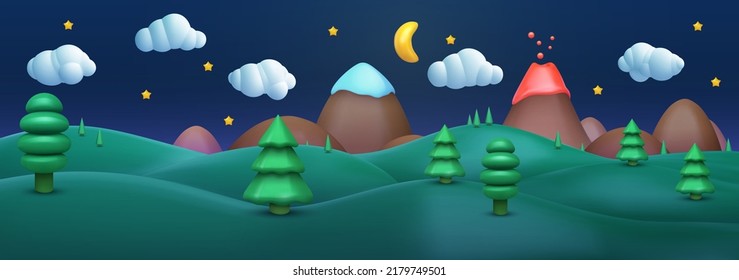 3d realistic cartoon panorama summer night landscape background with big mountain and snow peak, volcano on dark sky. Cute children nature environment composition. Vector illustration.