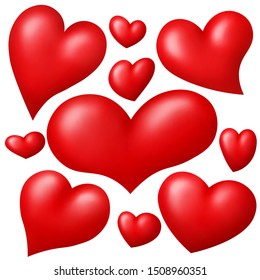 3d realistic cartoon red hearts set isolated on white background. Vector illustration