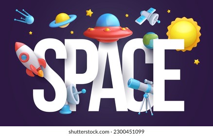 3.ª composición realista del espacio de dibujos animados. Cohetes, ufo, satélite, estrella, planeta, sol, globo, radar, telescopio. Espacio de inscripción con objetos infantiles lindos y lustrosos de un estilo mínimo. Ilustración vectorial.