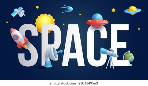 3.ª composición realista del espacio de dibujos animados. Cohetes, ufo, satélite, estrella, planeta, sol, globo, radar, telescopio. Espacio de inscripción con objetos infantiles lindos y lustrosos de un estilo mínimo. Ilustración vectorial.