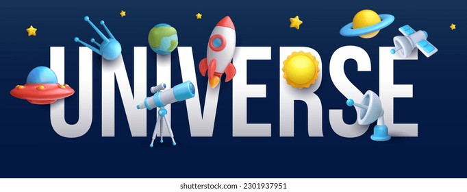 3d realistic cartoon space composition. Rocket, ufo, satellite, star, planet, sun, globe, radar, telescope. Inscription with glossy cute children objects in minimal style. Vector illustration.