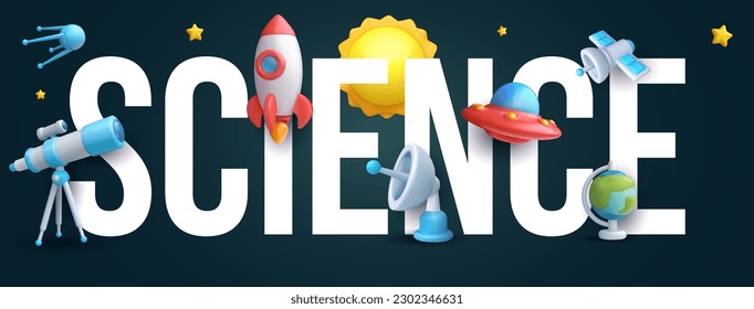 3d realistic cartoon space composition. Rocket, ufo, satellite, star, planet, sun, globe, radar, telescope. Inscription with glossy cute children objects in minimal style. Vector illustration.