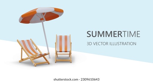 3d realistic cartoon sunbed and sunshade on blue background. Web poster with promo action for online store with place for text at summer season. Colorful vector illustration