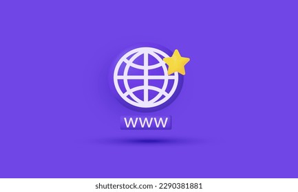 3d realistic cartoon vector star globe hyperlink search www sign icon trendy modern style object symbols isolated on background.3d design cartoon style. 