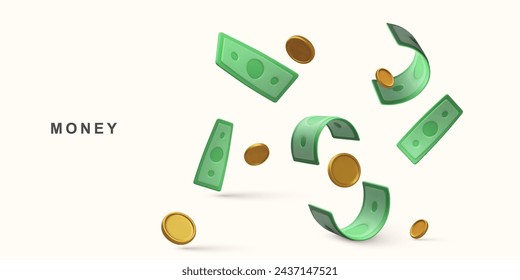 3d Realistic cash and flyaning coins. money saving. Vector illustration.