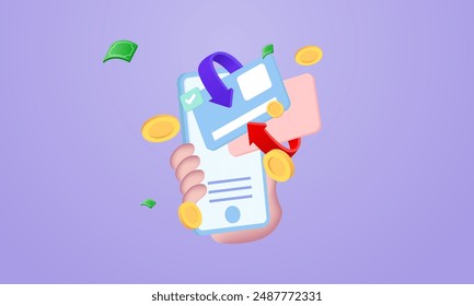 3d realistic cashback credit card money cartoon style vector design.money holding wallet online payment cash saving for shopping online.vector icon 3d illustration