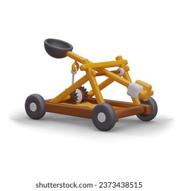 3d realistic catapult for online computer game. Protect your town with weapon. Game 3d war concept. Vector illustration with white background in yellow colors