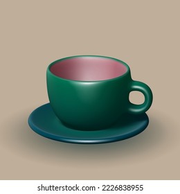 3D realistic ceramic cup with saucer on brown background. Empty green porcelain cup for tea, coffee or other hot drink. Mockup of mug on plate for restaurant and cafe. Vector illustration.