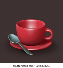 3D realistic ceramic cup with saucer and spoon on brown background. Empty red porcelain cup for tea, coffee or other hot drink. Mockup of mug on plate for restaurant and cafe. Vector illustration.