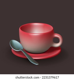 3D realistic ceramic cup with saucer and spoon on brown background. Empty red porcelain cup for tea, coffee or other hot drink. Mockup of mug on plate for restaurant and cafe. Vector illustration.