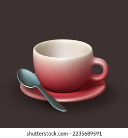 3D realistic ceramic cup with saucer and spoon on brown background. Empty red porcelain cup for tea, coffee or other hot drink. Mockup of mug on plat for restaurant and cofe. Vector illustration.