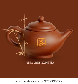 3D realistic ceramic teapot with bamboo. Chinese tea ceremony