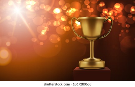 3D Realistic Championship Golden Cup On The Abstract Blurred Light Background. EPS10 Vector