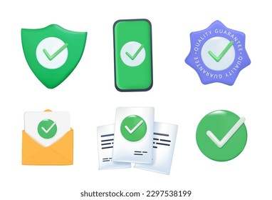 3D realistic check icons. 3D check mark icons set approve symbol and quality guarantee certificate. Symbols of acceptance, done and success