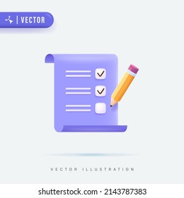 3D Realistic Checklist on  Clipboard Paper and Pencil Vector Illustration. Successful Completion of Business Tasks. Checklist Icon and Logo. Design. Planning and Organization of Work. Assignment Icon