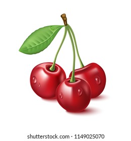 3d Realistic Cherries Isolated On White Background Vector Gradient Mesh Illustration.