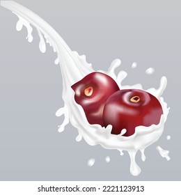 3d realistic cherries in milk splash spoon on isolated background