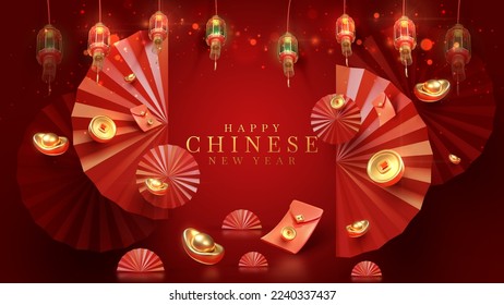 3d realistic chinese new year ornaments with light effect decorations and bokeh on red background.