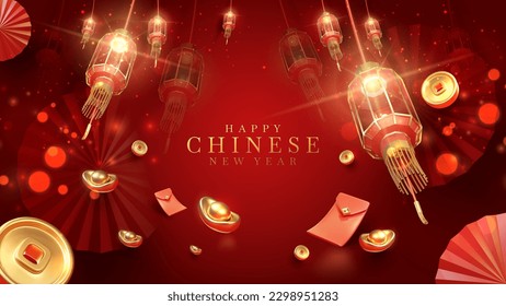 3d realistic chinese new year ornaments with light effect decorations and bokeh on red background. Vector illustration.