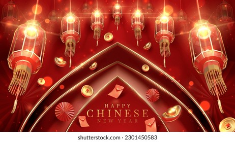 3d realistic chinese new year ornaments with light effect decorations and bokeh on red background. Vector illustration.