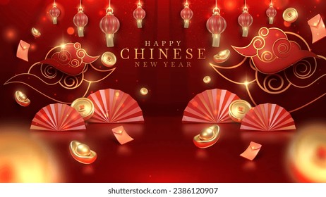 3d ornamentos chinos realistas de año nuevo sobre fondo rojo de lujo con decoración de efecto luminoso dorado y bokeh. Ilustración vectorial.