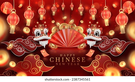 3d realistic chinese new year ornaments such as lion dance elements gold ingot, coin, blow, cloud with glitter light effects decoration and bokeh on red luxury background. Vector illustration.