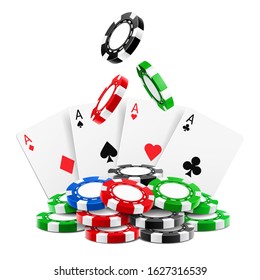 3d Realistic Chips Falling On Stack Or Heap Of Realistic Gambling Tokens And Playing Cards. Aces Of Clubs, Hearts, Spades, Diamonds. Online Gamble And Gaming, Sport Poker And Blackjack, Winning Theme