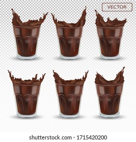 3D realistic chocolate splash in the transparent glass. Big collection cocoa or coffee. Chocolate drink, cocktail isolated on transparent background. Icon set. Vector illustration.