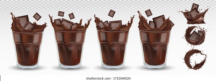 3D realistic chocolate splash in the transparent glass with pieces chocolate. Big collection cocoa or coffee. Splashing dark chocolate. Hot chocolate, drink, cocktail. Icon set. Vector illustration.