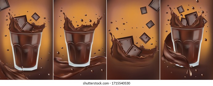 3D realistic chocolate splash in the transparent glass with pieces chocolate. Splashing dark chocolate. Hot chocolate, cocoa, cocktail or coffee drink.Banner. Vector illustration for design label