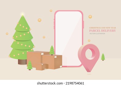 3D Realistic Christmas And New Year Parcel Delivery Service Concept, Packaging Boxes With Smartphone And Location Icon 