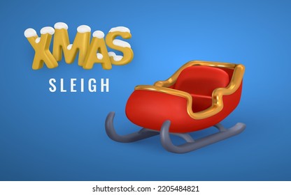 3d realistic Christmas sleigh with shadow. Xmas or New Year's decorative element. Vector illustration.