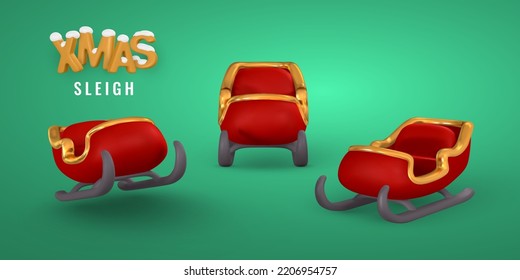 3d realistic Christmas sleigh with shadow. Xmas or New Year's decorative element. Vector illustration.