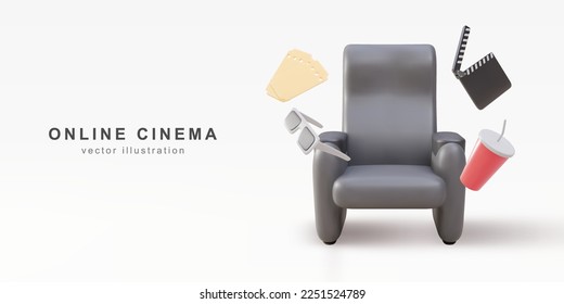 3d realistic cinema chair with comfortable elbows, tickets, drink, glasses and clapperboard. Vector illustration.