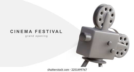 3d realistic cinema festival poster with old fashioned movie camera. Movie background with words Grand opening. Vector illustration.