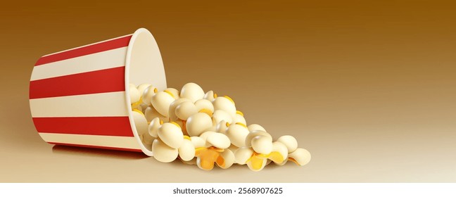 Ilustração do vetor do balde de pipoca do cinema realista 3d. Lanche de milho pop filme caindo da caixa. Caramelo doce ou kernel salgado no design de saco vermelho no filme de entretenimento noturno. Xícara vintage para comida