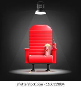 3d Realistic Cinema Seat with Popcorn.Red.Vector illustration