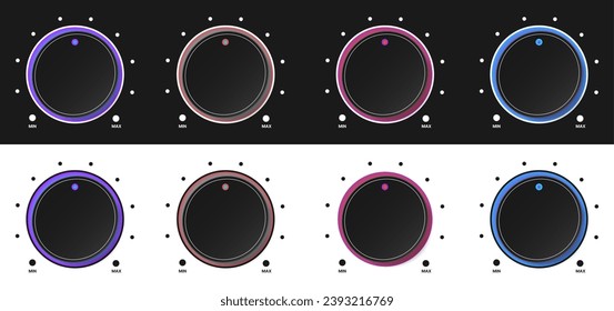 3d realistic circle control knob set with collection of volume neon indicator template. Vector illustration